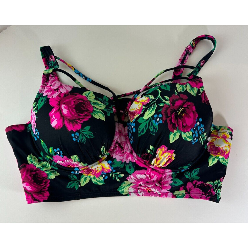 Torrid Underwire Strappy Front Bikini Top Swim Black Pink Floral Size 1 D/DD 1X - Picture 2 of 11